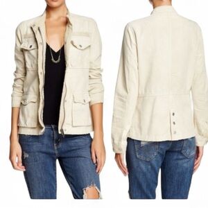 Free People Cream Distressed Military Jean Jacket